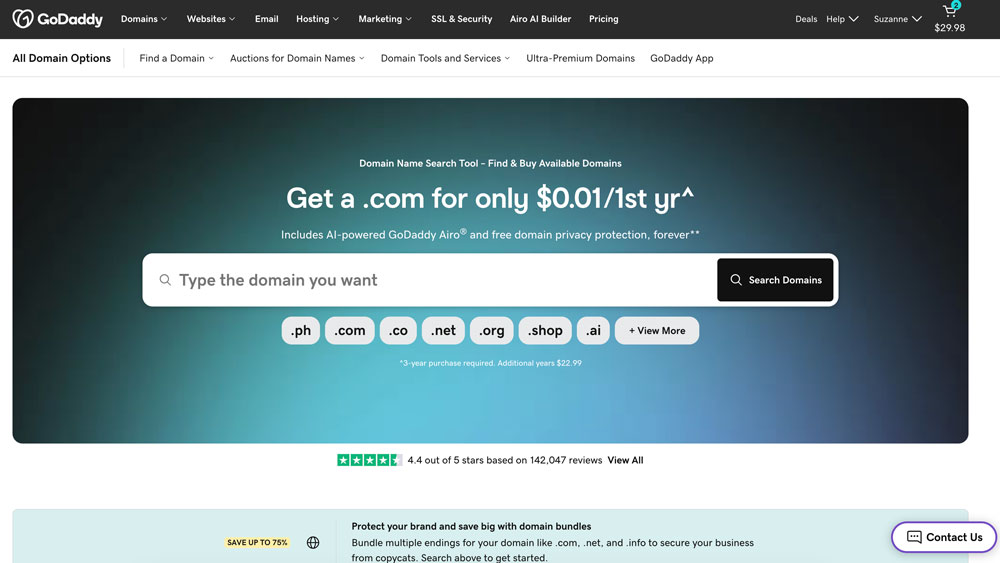 Screenshot from Godaddy domains - start with search