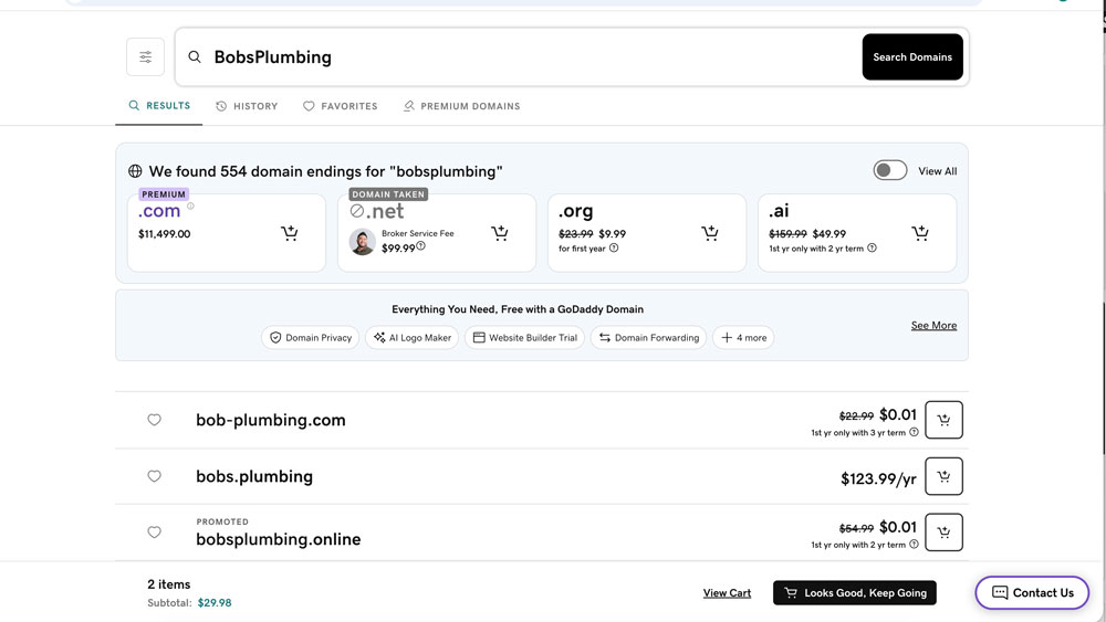 Screenshot from Godaddy domains - check out prices